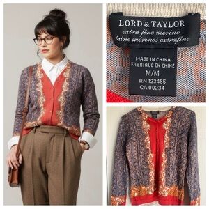 Lord & Taylor Merino Wool Cardigan Dark Academia Baroque Print M